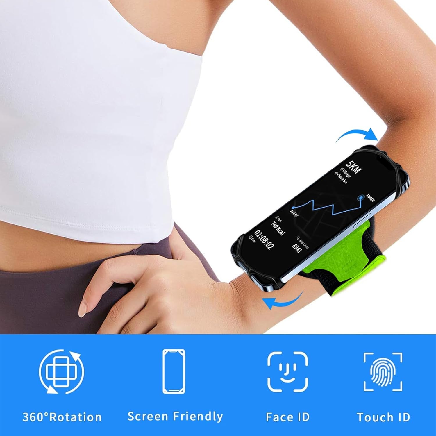 Woman wearing green sports wristband phone holder while running outdoors