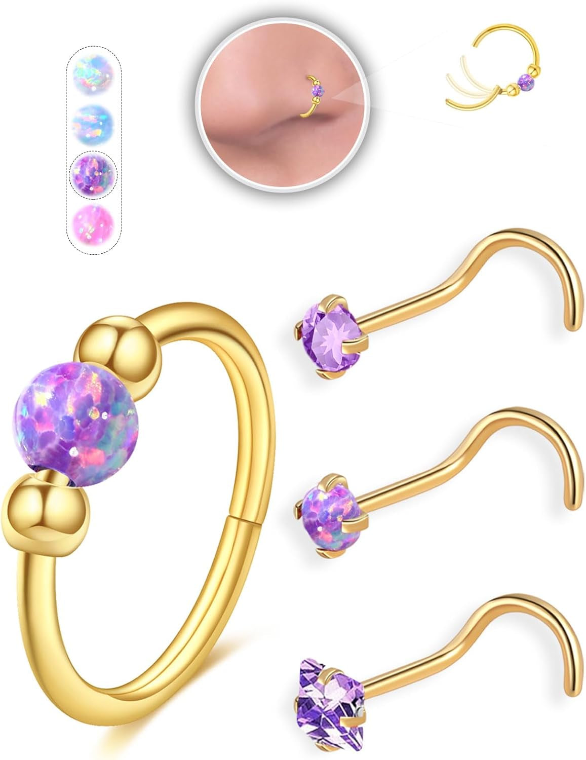 Opal Nose Ring Studs Horseshoe Nose Rings Hoops Stud 316L Stainless Steel Nose Rings round CZ Square Screw L Shaped Nose Stud Hypoallergenic Nostril Piercing Jewelry for Women Men