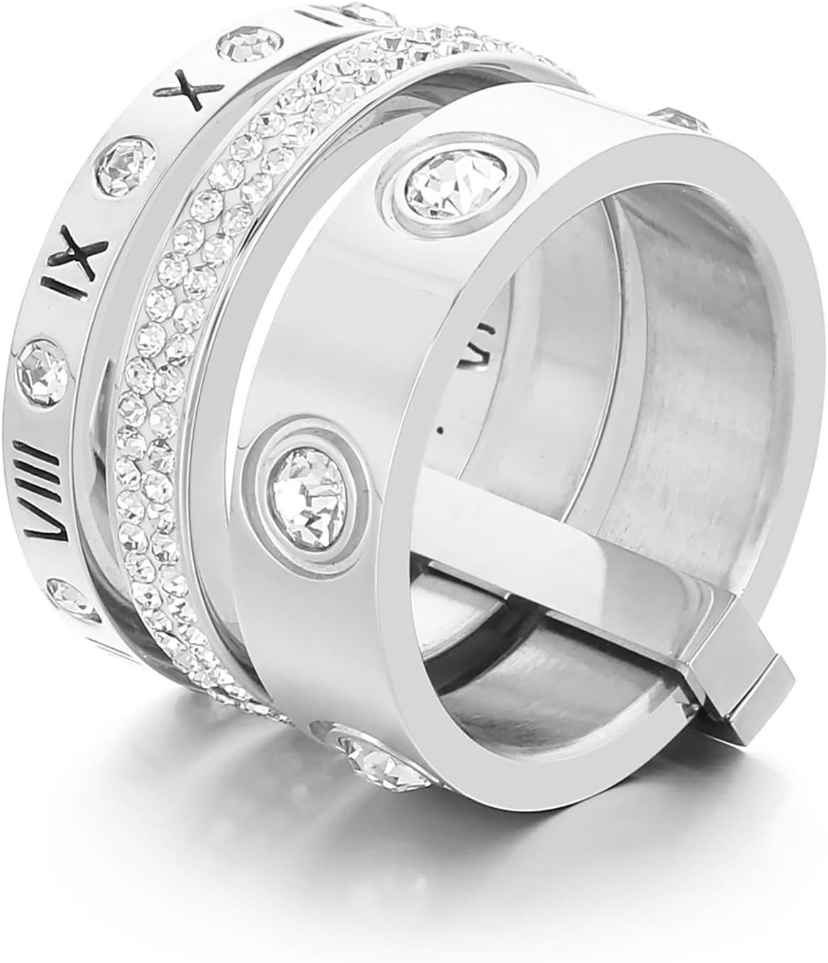 Gold cubic zirconia stacking ring set displayed on white background