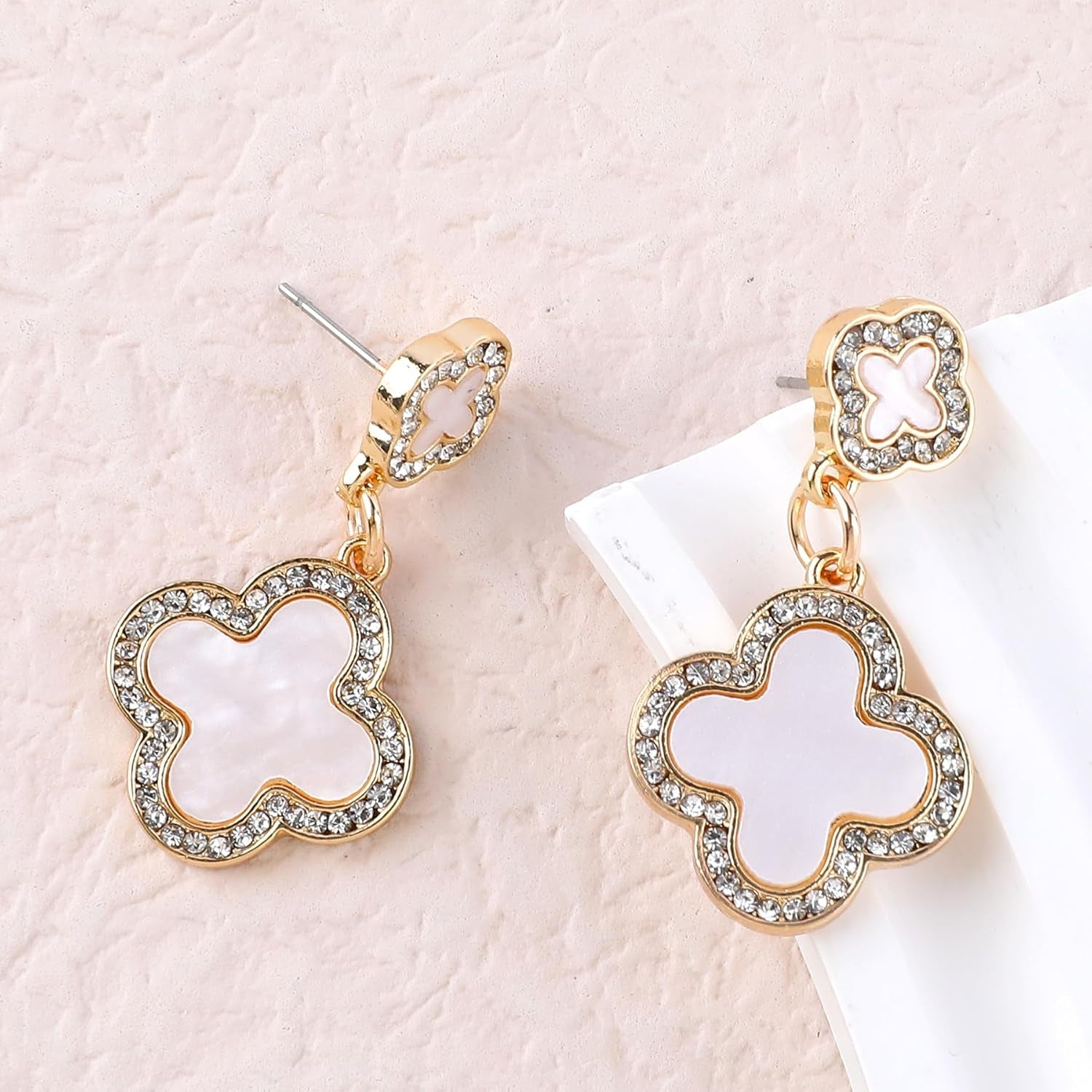 Gold Clover Earrings for Women, Elegant Dangle Lucky Four Leaf Clover Earrings with Shining Cubic Zirconia Mother of Pearl Flower Statement Earrings Trendy Jewelry Gift