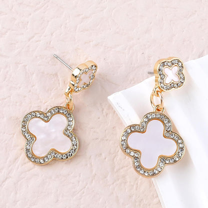 Gold Clover Earrings for Women, Elegant Dangle Lucky Four Leaf Clover Earrings with Shining Cubic Zirconia Mother of Pearl Flower Statement Earrings Trendy Jewelry Gift