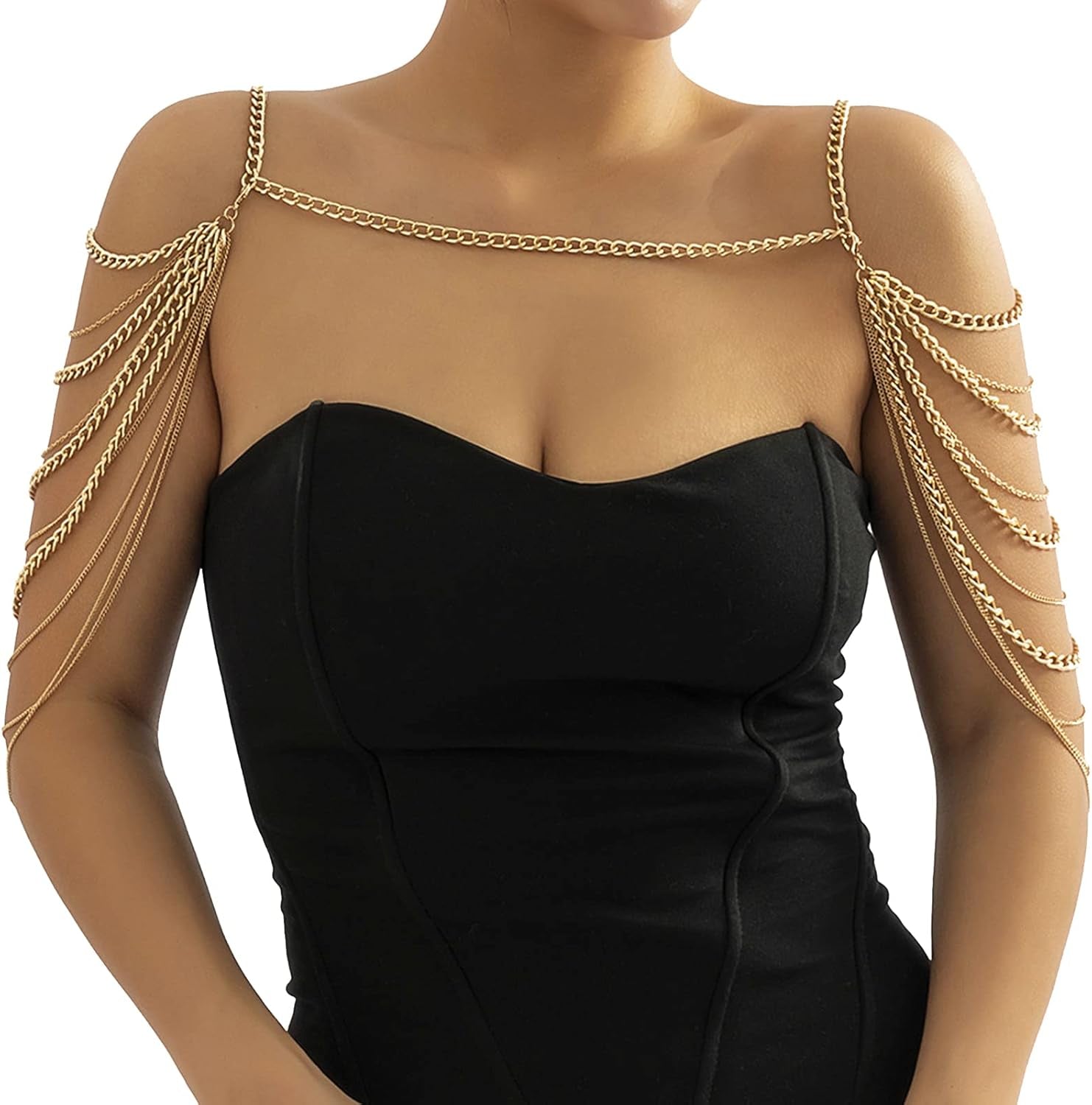 Summer Beach Punk Shoulder Body Chain Multi-Layered Back Chain Bikini Metal Tassel Arm Chain Statement Bridal Wedding Backdrop Necklace Body Chain Jewelry for Women