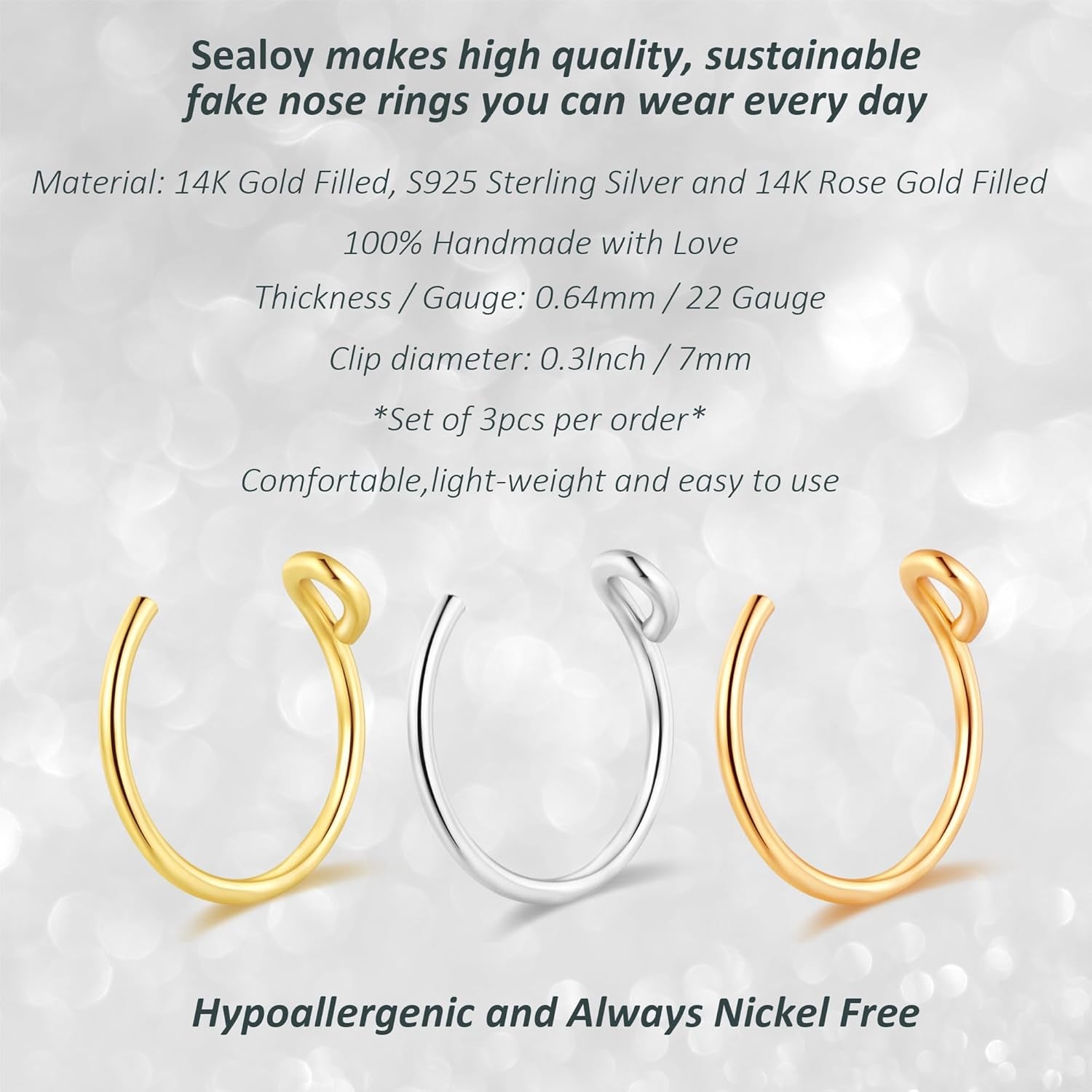 Set of 3 - Fake Clip on Nose Ring Hoop for Women - No Piercing Needed Nose Cuff - 22 Gauge - 7Mm - Faux Nose Septum Ring - Gold, Sterling Silver, Rose Gold - 22G