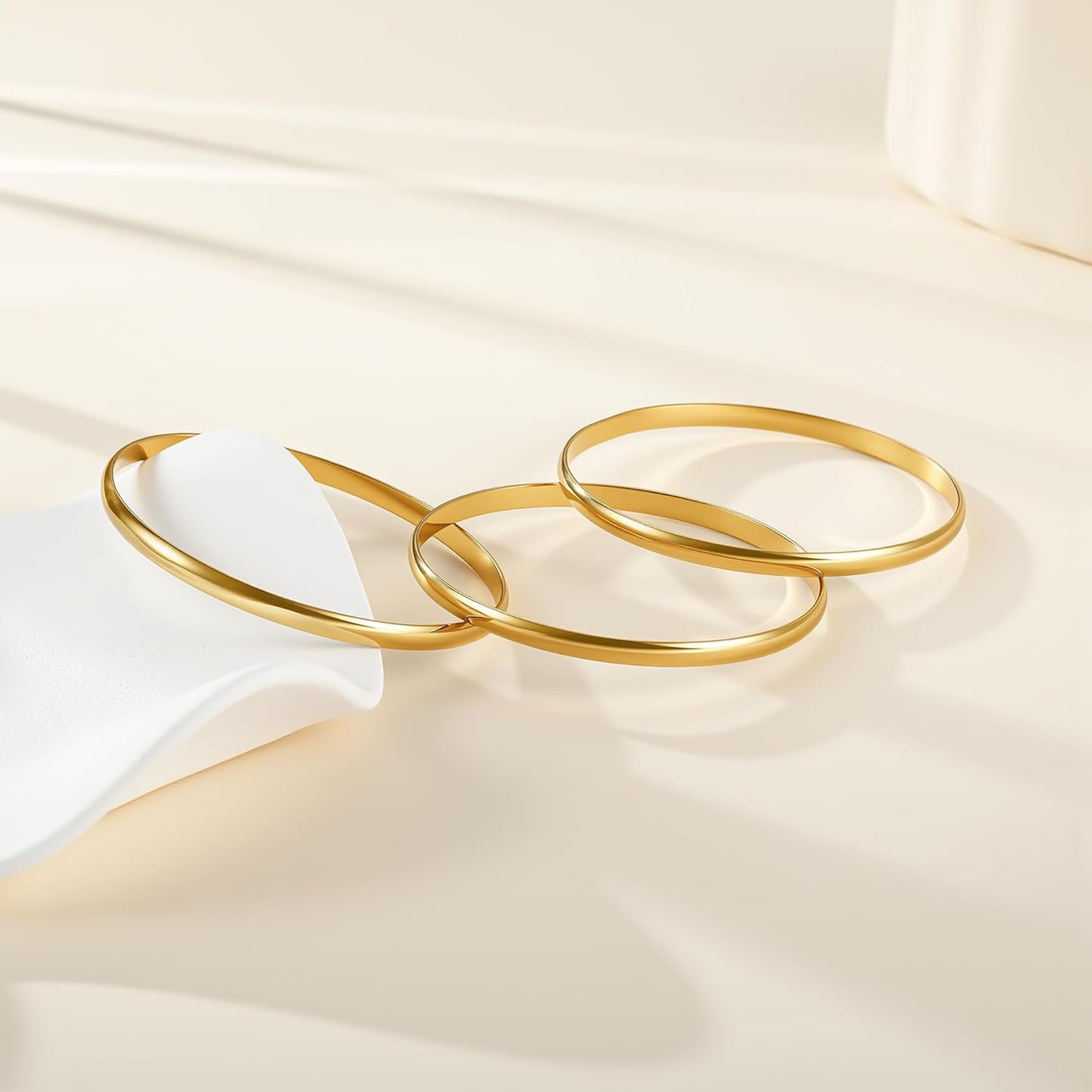 18K Gold Plated Bangles for Women Stainless Steel Glossy Stackable Thin round Bracelets Solid Plain Polished Bangles Bracelets Set of 3 Jewelry for Women