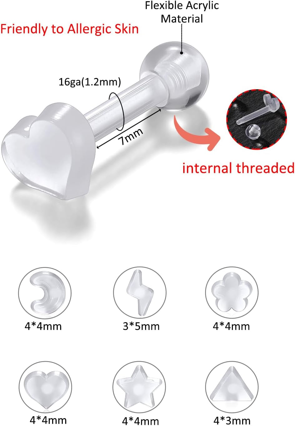 Piercingj Clear Acrylic Cartilage Earrings 16G Plastic Tongue Tragus Ring Cute Heart Star Nose Lip Stud Barbell Black Helix Piercing Retainer for Sports Surgery Work