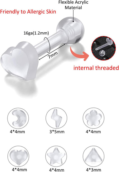 Piercingj Clear Acrylic Cartilage Earrings 16G Plastic Tongue Tragus Ring Cute Heart Star Nose Lip Stud Barbell Black Helix Piercing Retainer for Sports Surgery Work