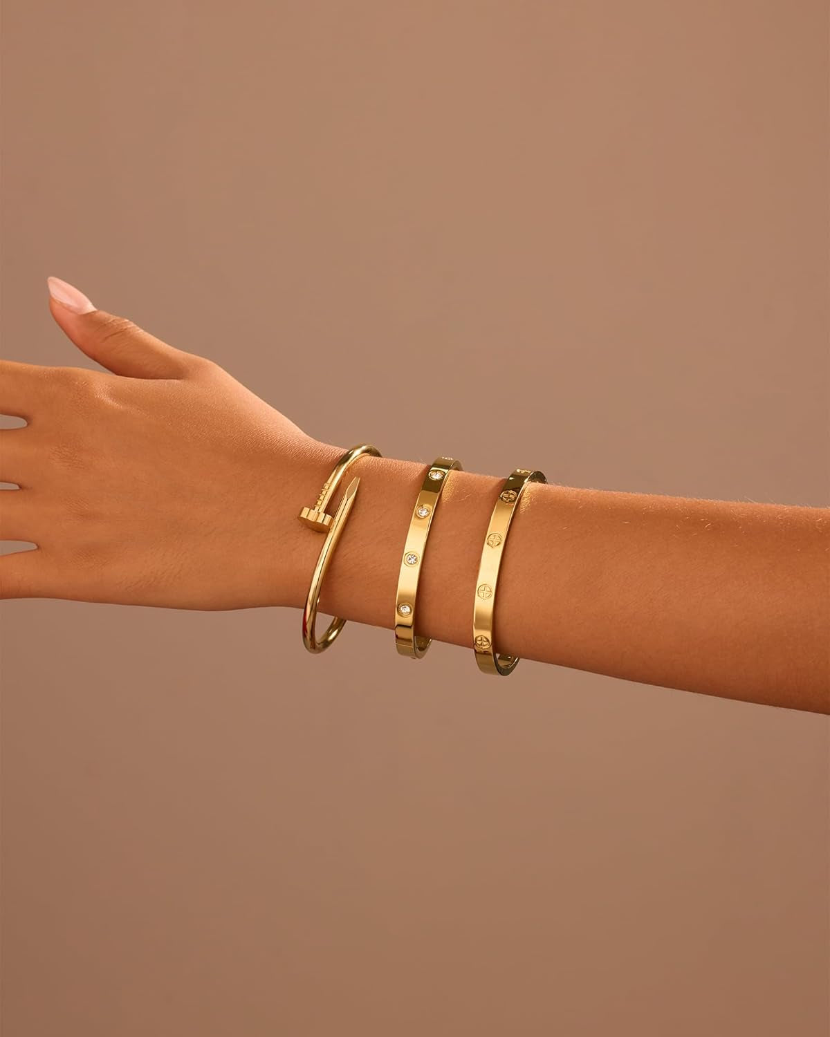 18K Gold Plated Stainless Steel Love Nail Bangle Clover Bracelet Set Stackable Dupes for Love Trendy Jewelry