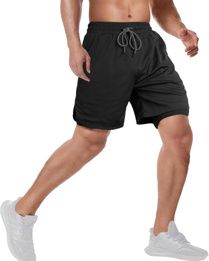 Men's workout shorts with zip pocket and towel loop feature