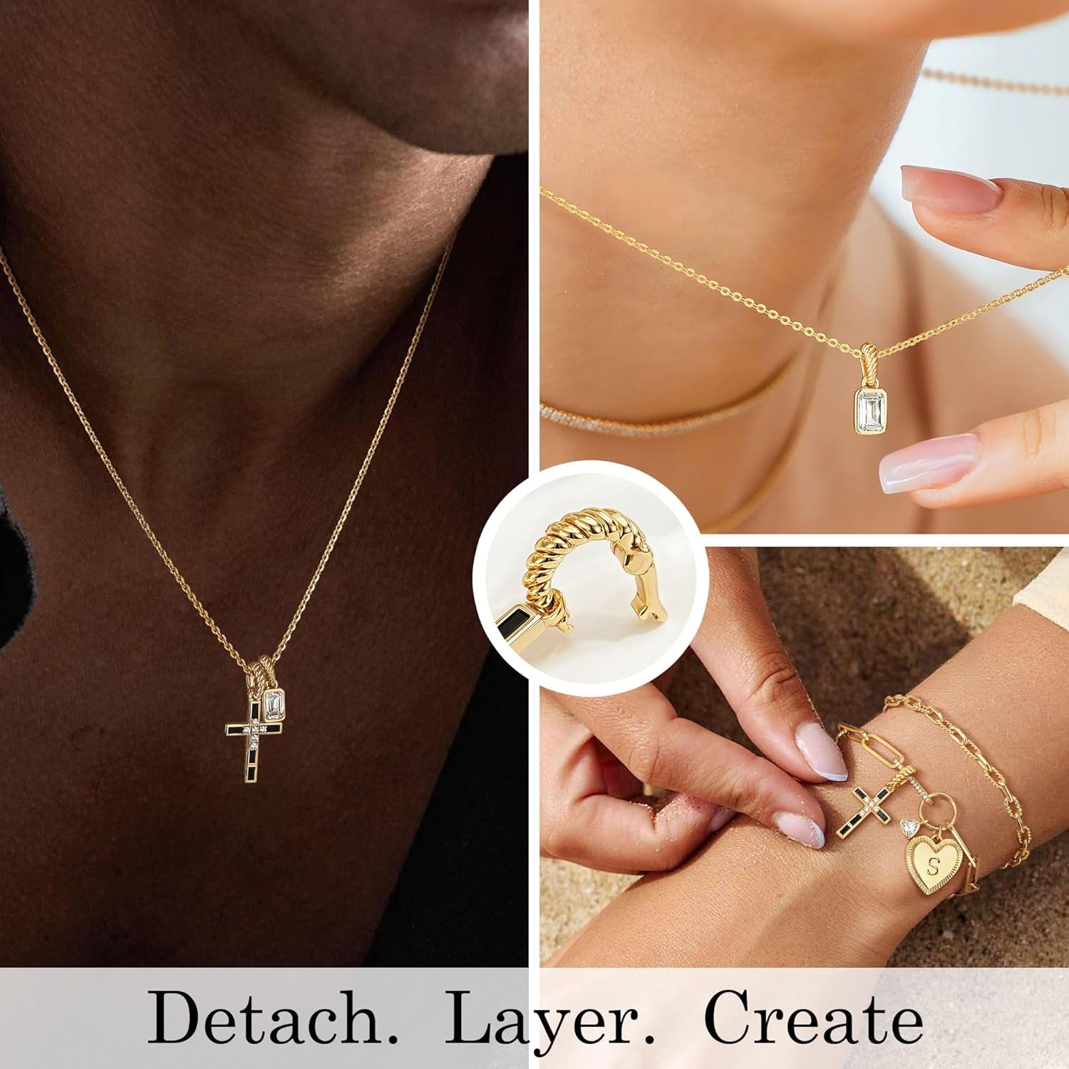 Fettero Gold Cross Necklace for Women - Double Pendant Necklace Dainty 14K Gold Plated Removable Cross Necklace Cute Simple CZ Diamond Necklaces for Women Trendy Faith Gold Jewelry Gift