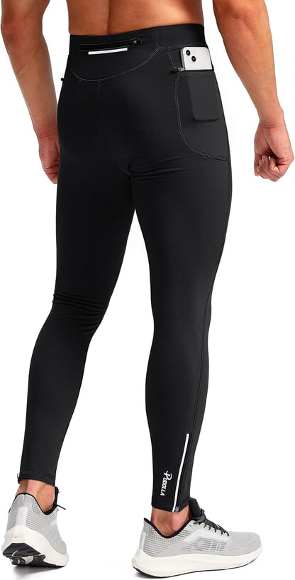 Black thermal running tights with zipper pockets on male model