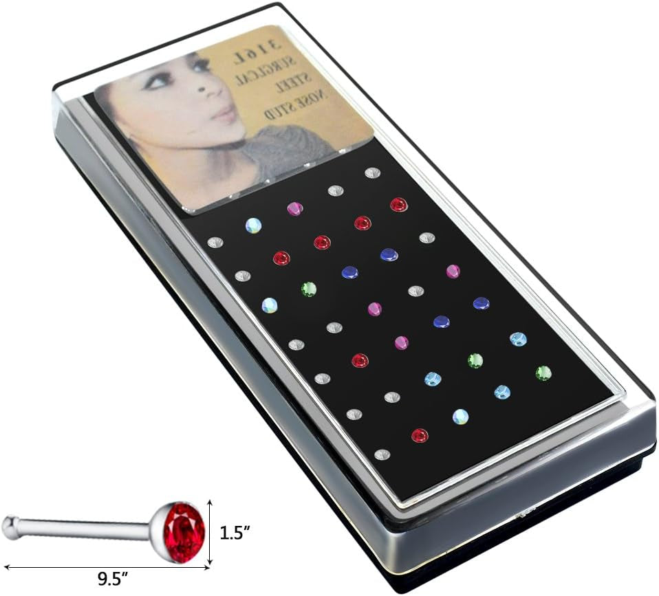 2 Sets 120 Pcs Stainless Steel Nose Ring Body Piercing Jewelry Nose Bone Stud Nose Hoop Crystal Hypoallergenic White+Multicolor
