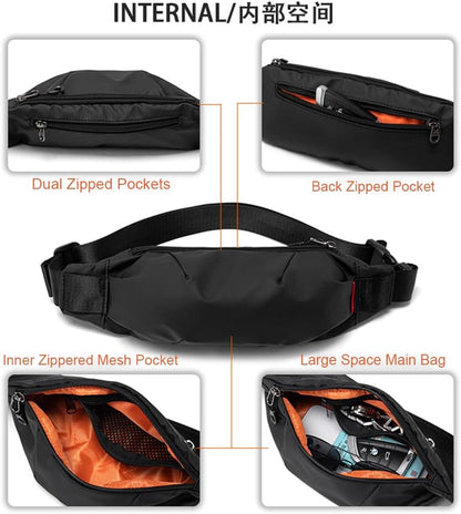 Multi-pocket fanny pack showing all four zipper compartments open