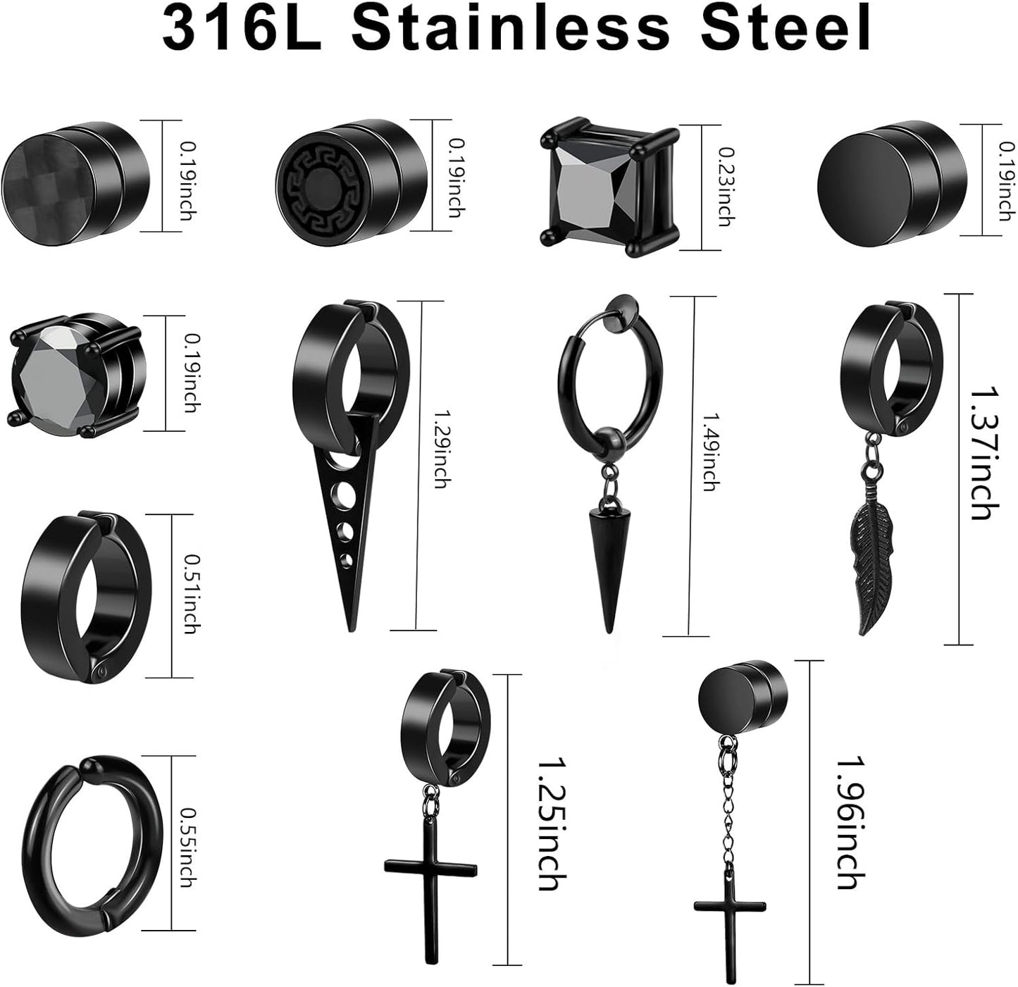 ONESING 12 Pairs Black Magnetic Earrings: Clip On, Hoop & Dangle Designs - Non-Piercing Set for Men & Women