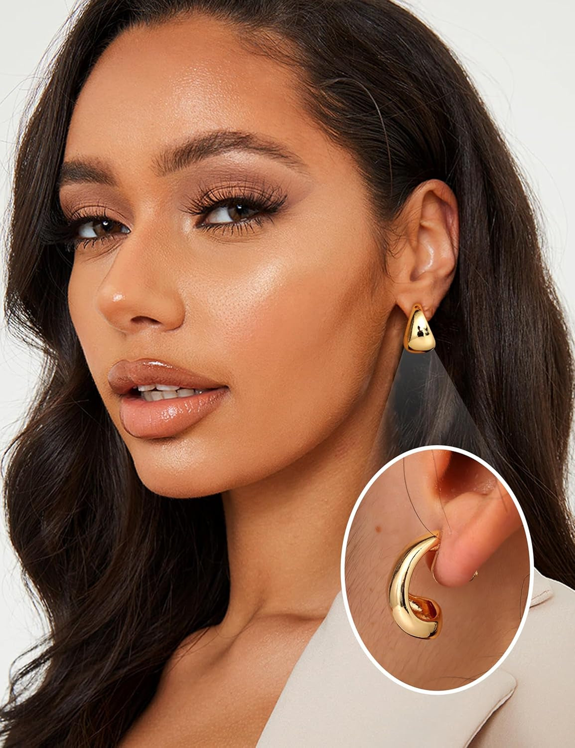 BESTEEL 3Pairs Clip on Earrings for Women Trendy Hypoallergenic 14K Gold Plated Chunky Tube Croissant Waterdrop Clip-On Hoop Earrings Set Fake Jewelry Non Pierced Ears