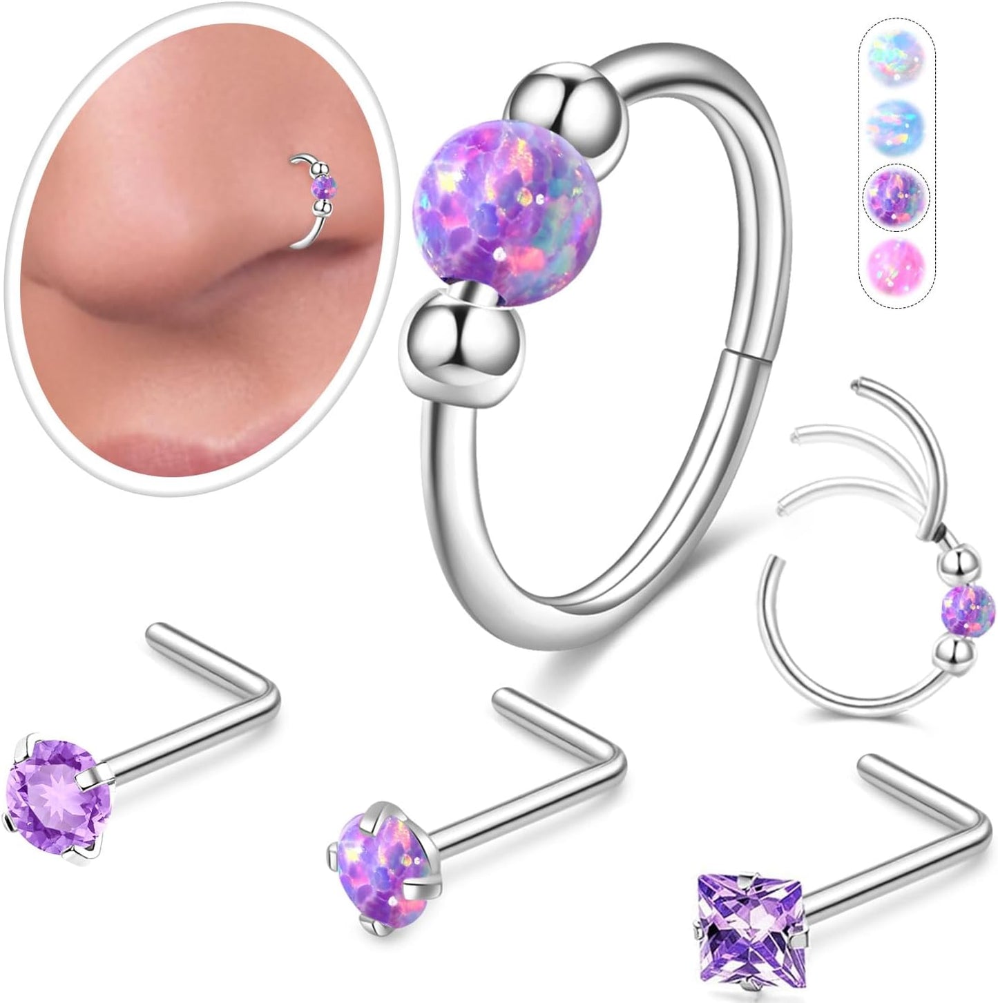 Opal Nose Ring Studs Horseshoe Nose Rings Hoops Stud 316L Stainless Steel Nose Rings round CZ Square Screw L Shaped Nose Stud Hypoallergenic Nostril Piercing Jewelry for Women Men