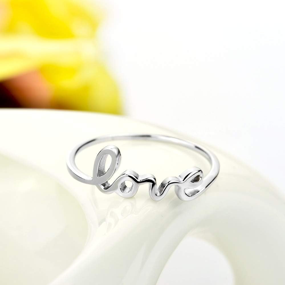 Simple love engraved script ring sterling silver detail