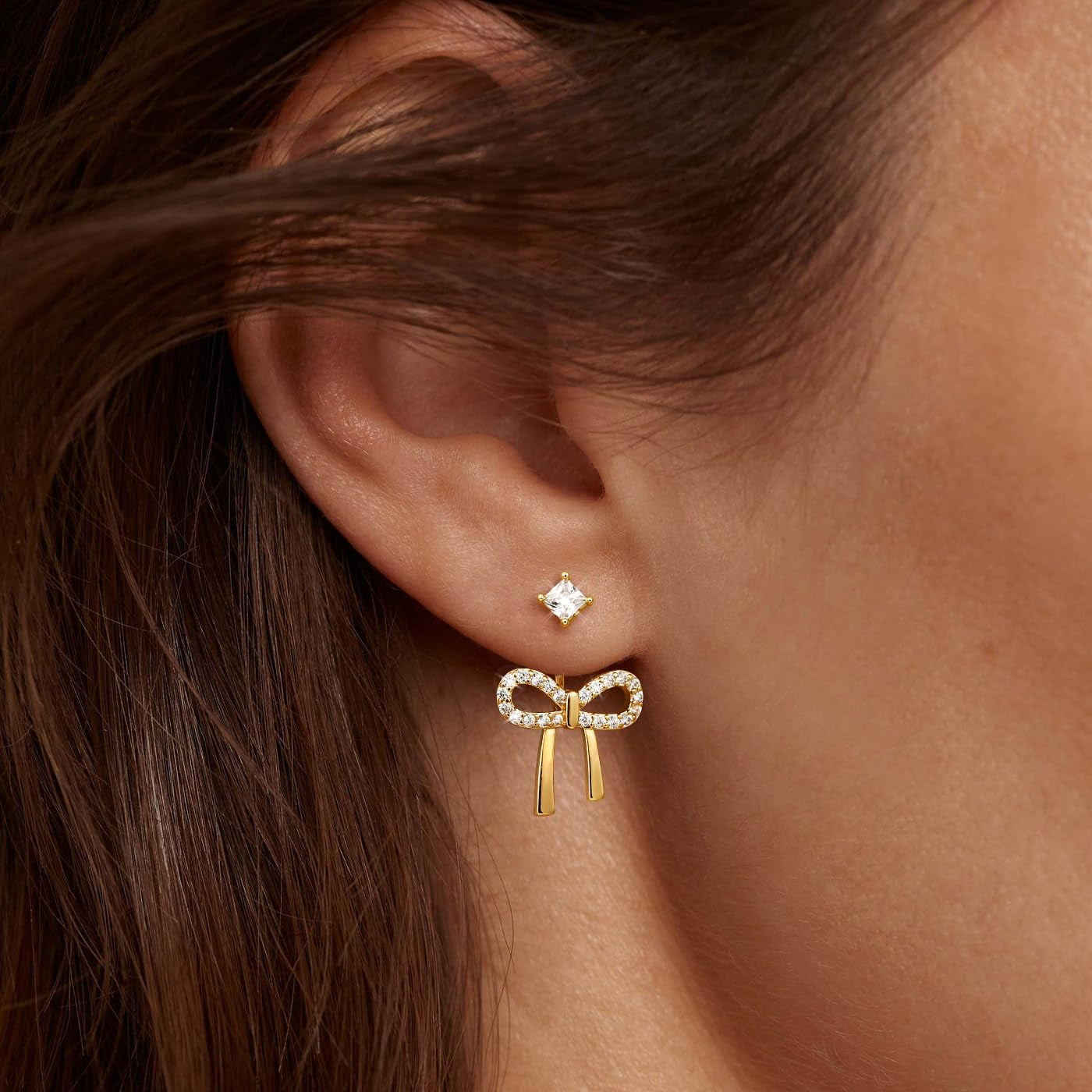 Risamil 14K Gold Plated/Silver Earrings for Women Trendy, Dainty Bow Earrings for Women Cute Pearl Huggie Earring Hoops Twist Rope Bow Stud Pearl Dangle Cubic Zirconia Earrings Jewelry Gifts