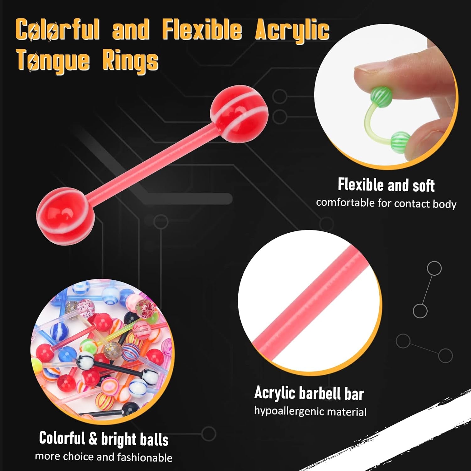 14G acrylic tongue barbell in vibrant neon colors