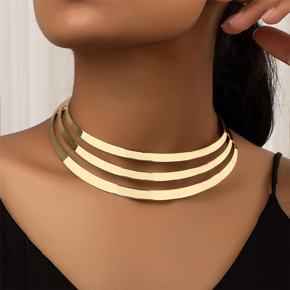 Hewill Chunky Gold Necklace Big Statement Chunky Necklace for Women African Tribe Wide Metal Choker Necklaces Jewelry