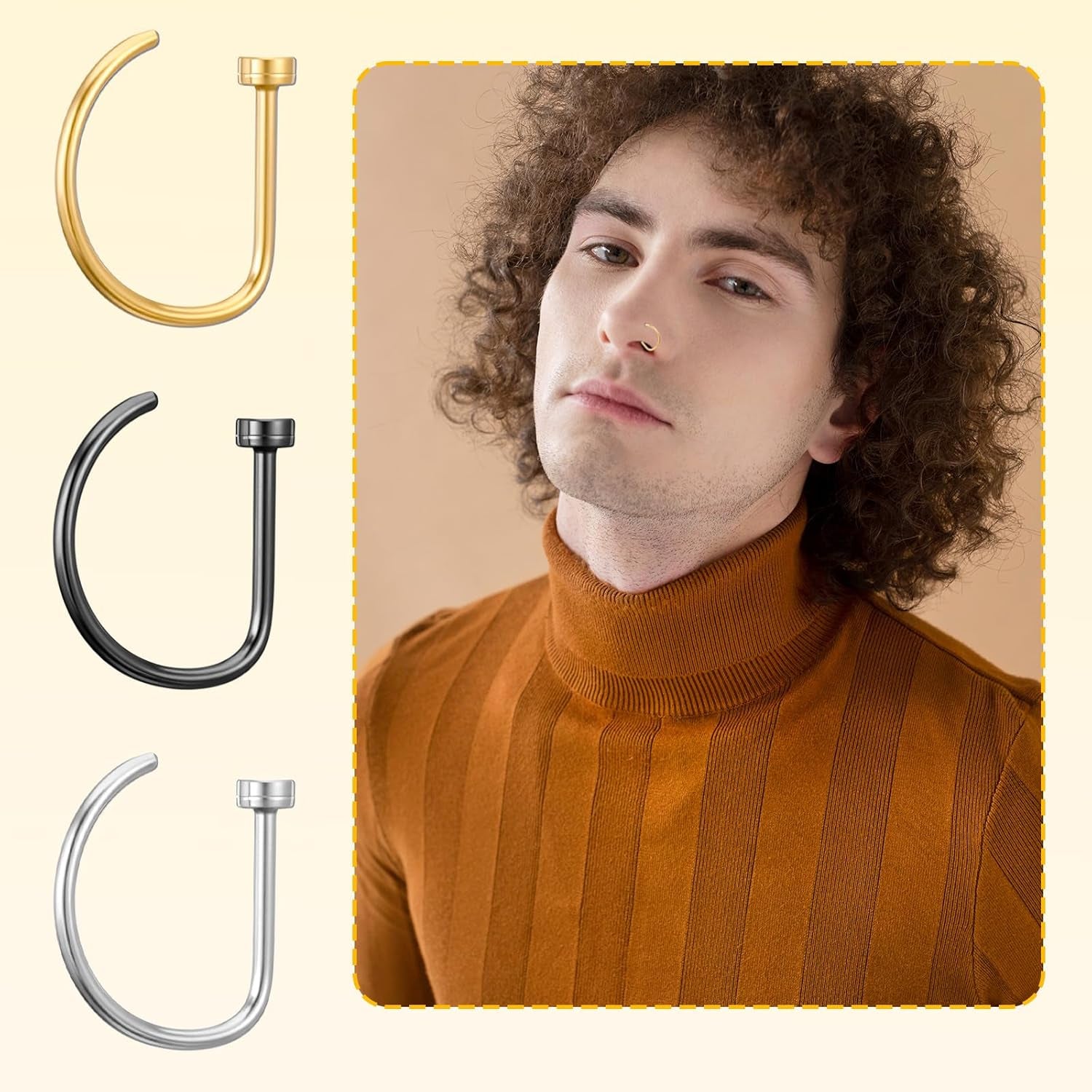 15 PCS Nose Rings Hoop 20G 8Mm, D Shaped Fake Nose Ring Hoops Set Stainless Steel Noses Piercing Jewelry Faux Noserings Nosehoops, Fake Lip Hoop Rings Septum Ring for Women, Silver Gold Black