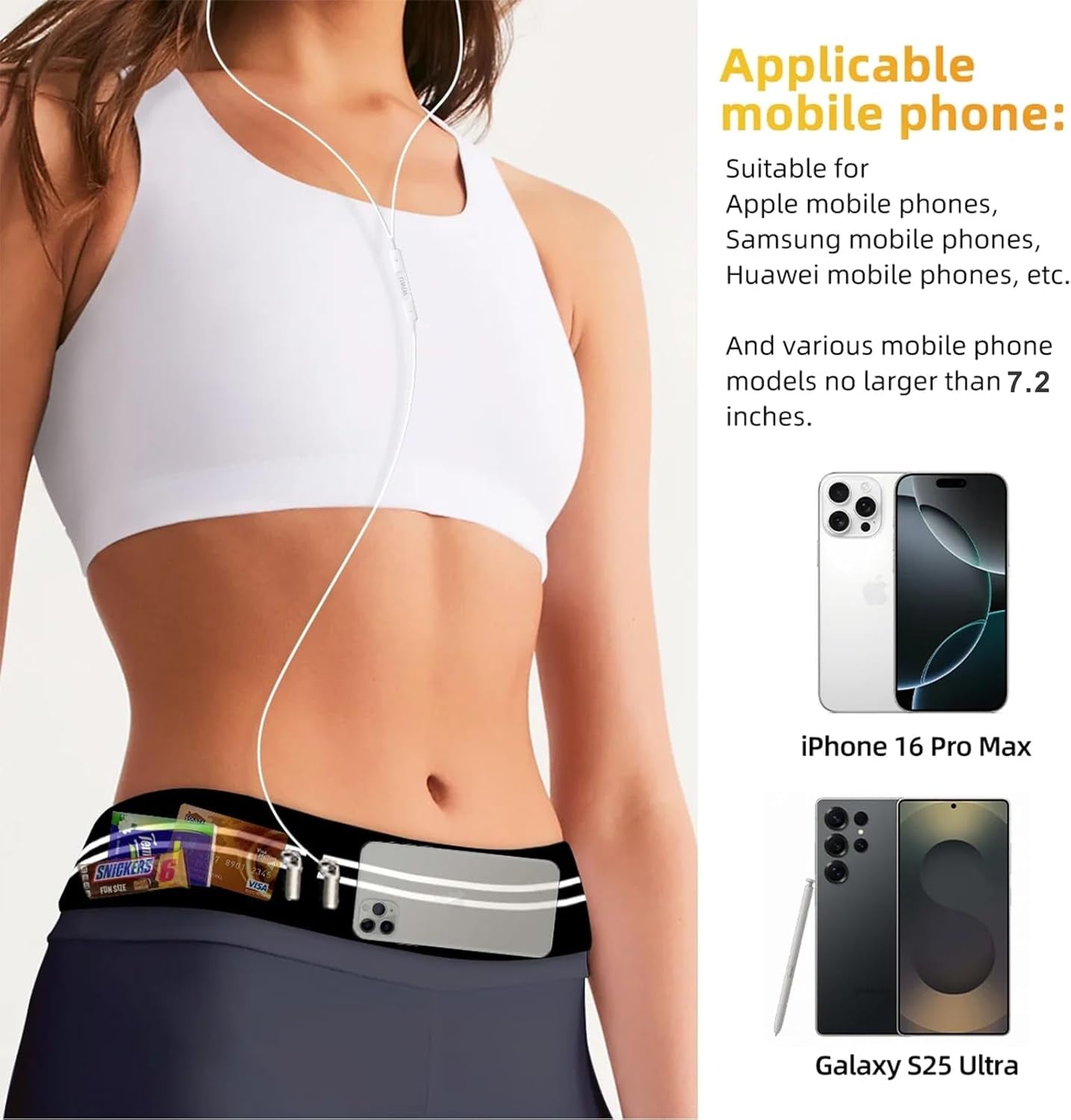 Running belt with phone in front pocket showing secure fit