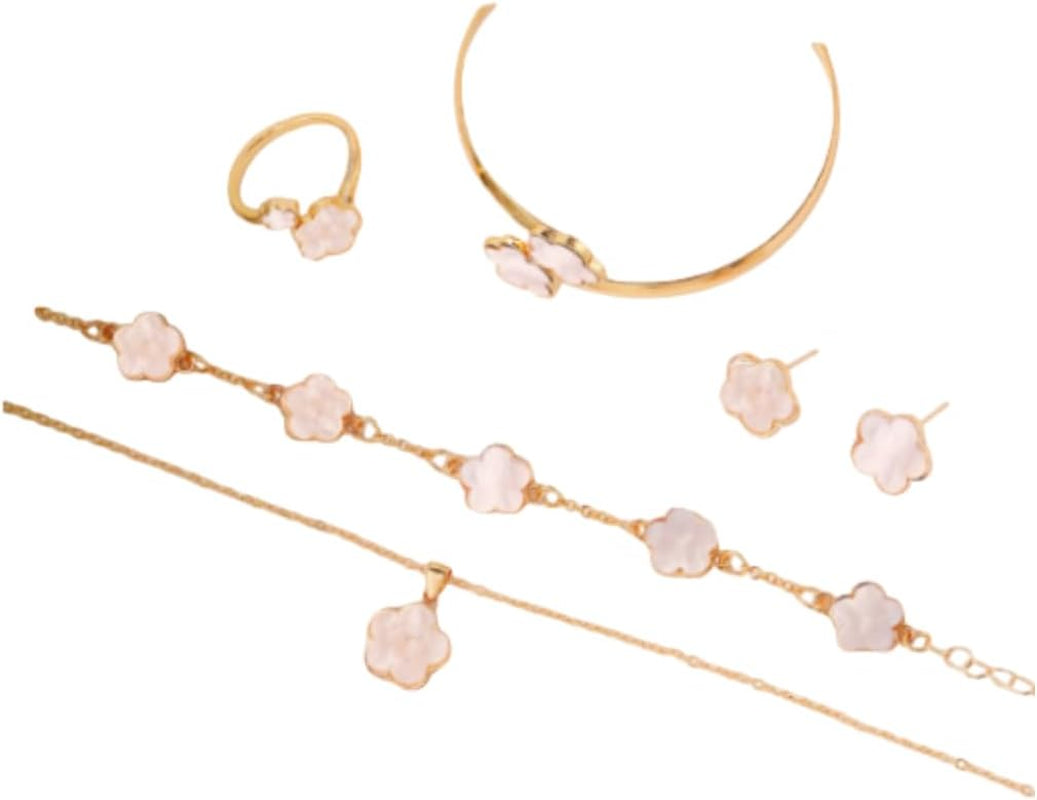 5Pcs Jewelry Set for Women, Lucky Clover Design with Bracelet, Bangle, Necklace, Earrings and Ring, Acrylic Flower Jewelry Gift