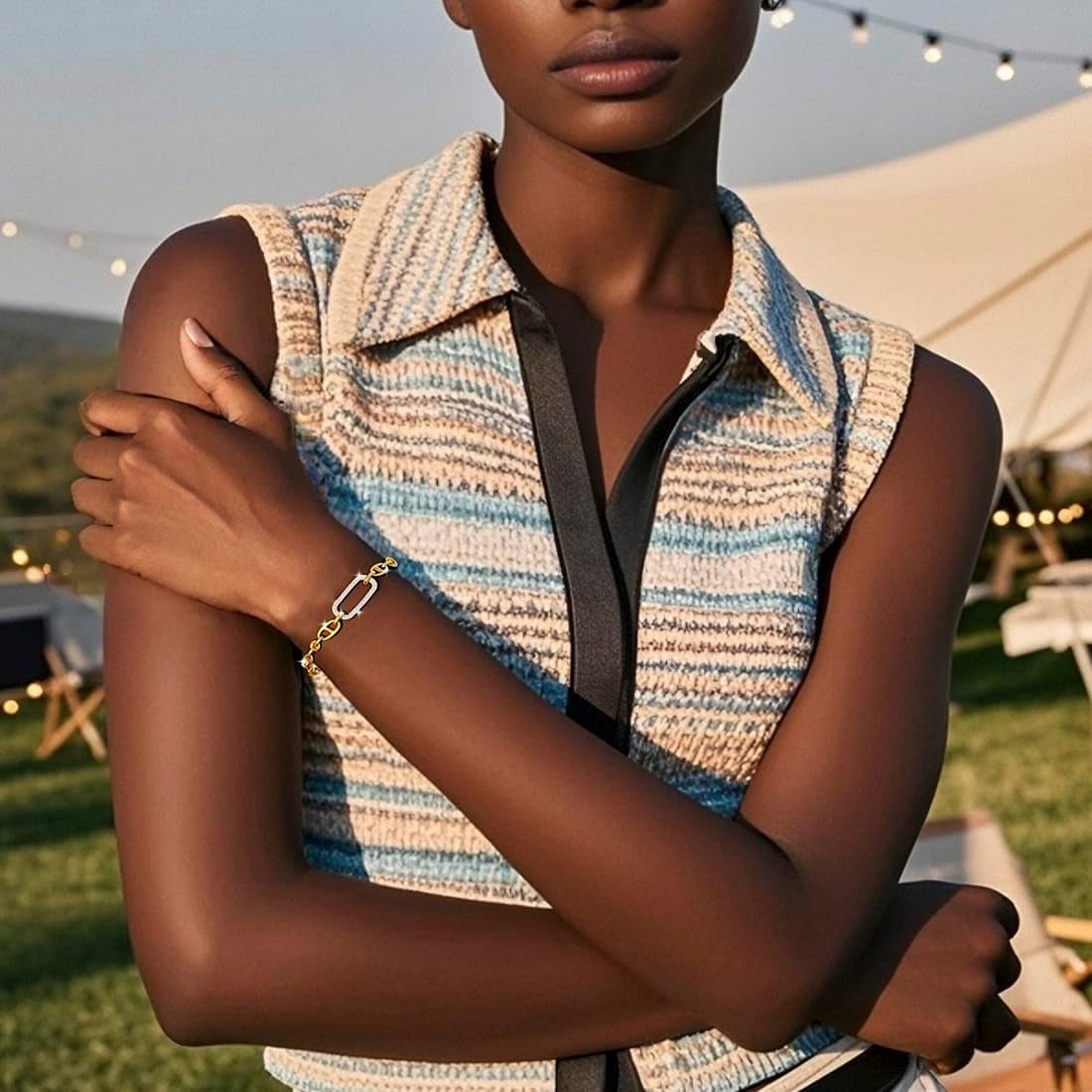 18K Gold Bracelets for Women, Adjustable Waterproof Non-Tarnish Titanium Chain with Pavé AAA+ CZ Accent, Dainty Gold Plated Paperclip Bracelet Jewelry Christmas Gifts