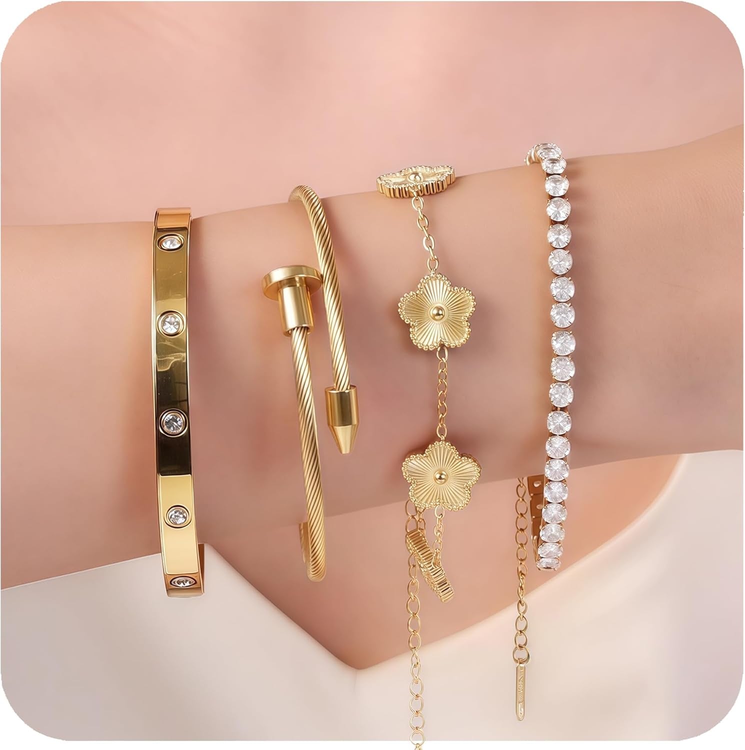 Real 18K Gold Plated Bracelets for Women (Sturdier Version) Stackable Bangle Bracelets for Women (Better Tarnish & Water Resistance) 4PCS Gold Bracelet Stack Set (Fits Wrists Upto 6.7 Inch)