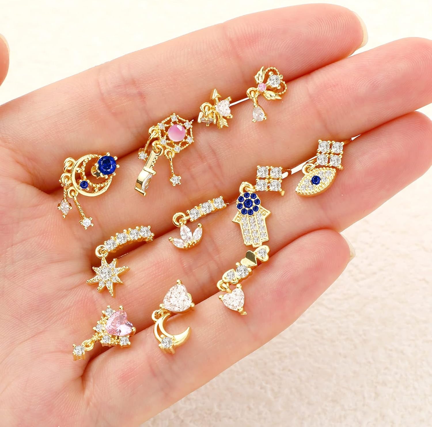 Junkin 18 Pcs 20G Nose Rings Dangle for Women Christmas Nose Rings Gifts L Shaped Stud Hoop Cute Star Heart round Jewelry Dangle Studs Ring for Women Girl Wife Gifts(Gold)