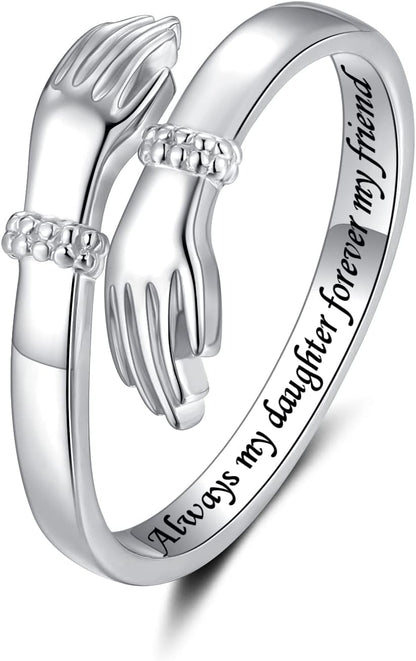 Step Forward Hug Ring for Women Sterling Silver, Adjustable Silver Hand Rings for Her, Birthday Anniversary Christmas Thanksgiving Day Gift Jewelry
