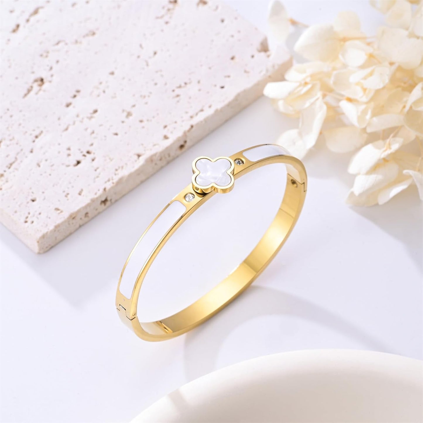 Clover Necklace and Earrings Set and Gold Bangles for Women