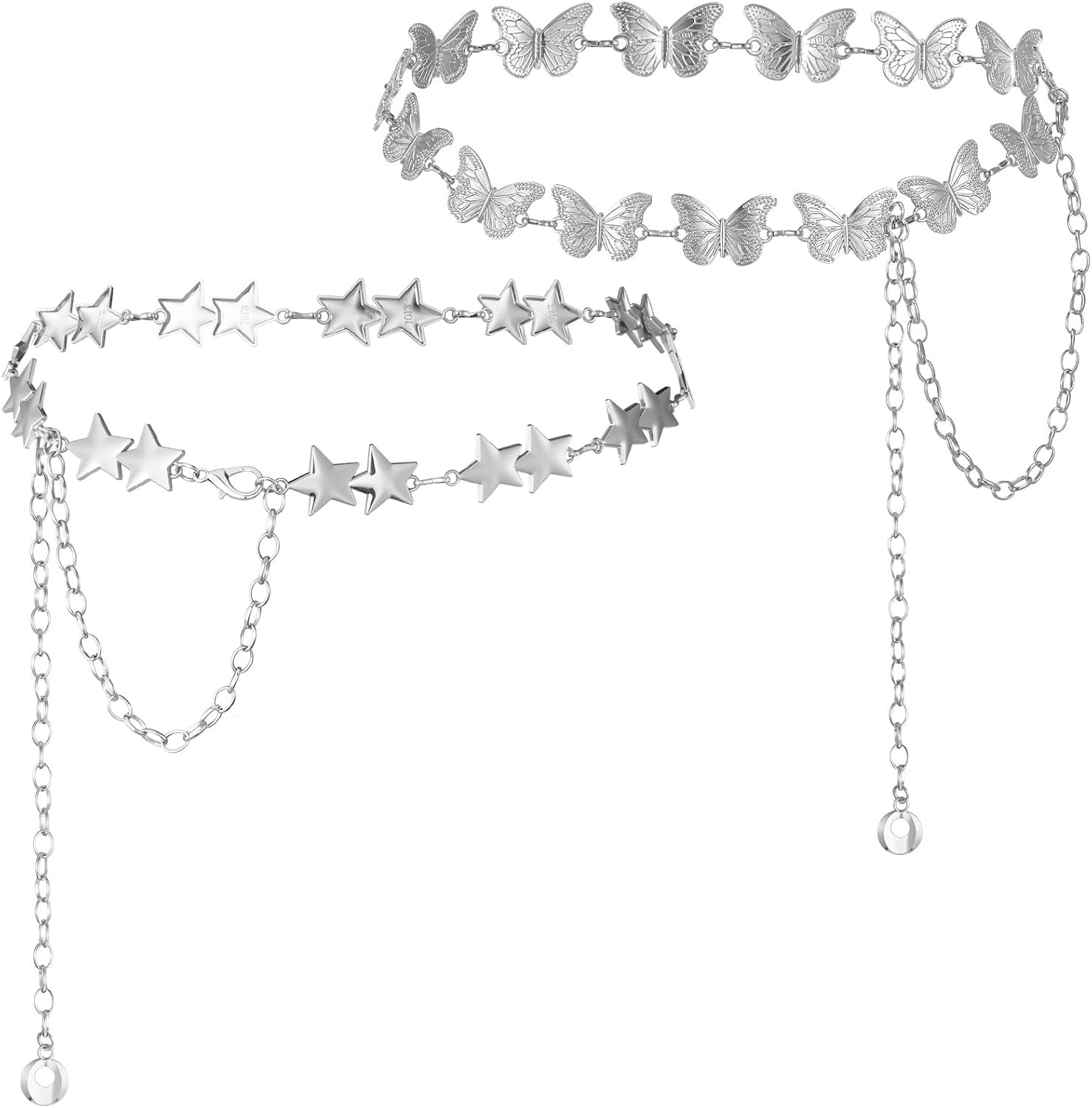 2 Pcs Star Chain Belt for Women, Adjustable Y2K Metal Waist Belt - Punk Body Belt for Dresses, Jeans & Rave