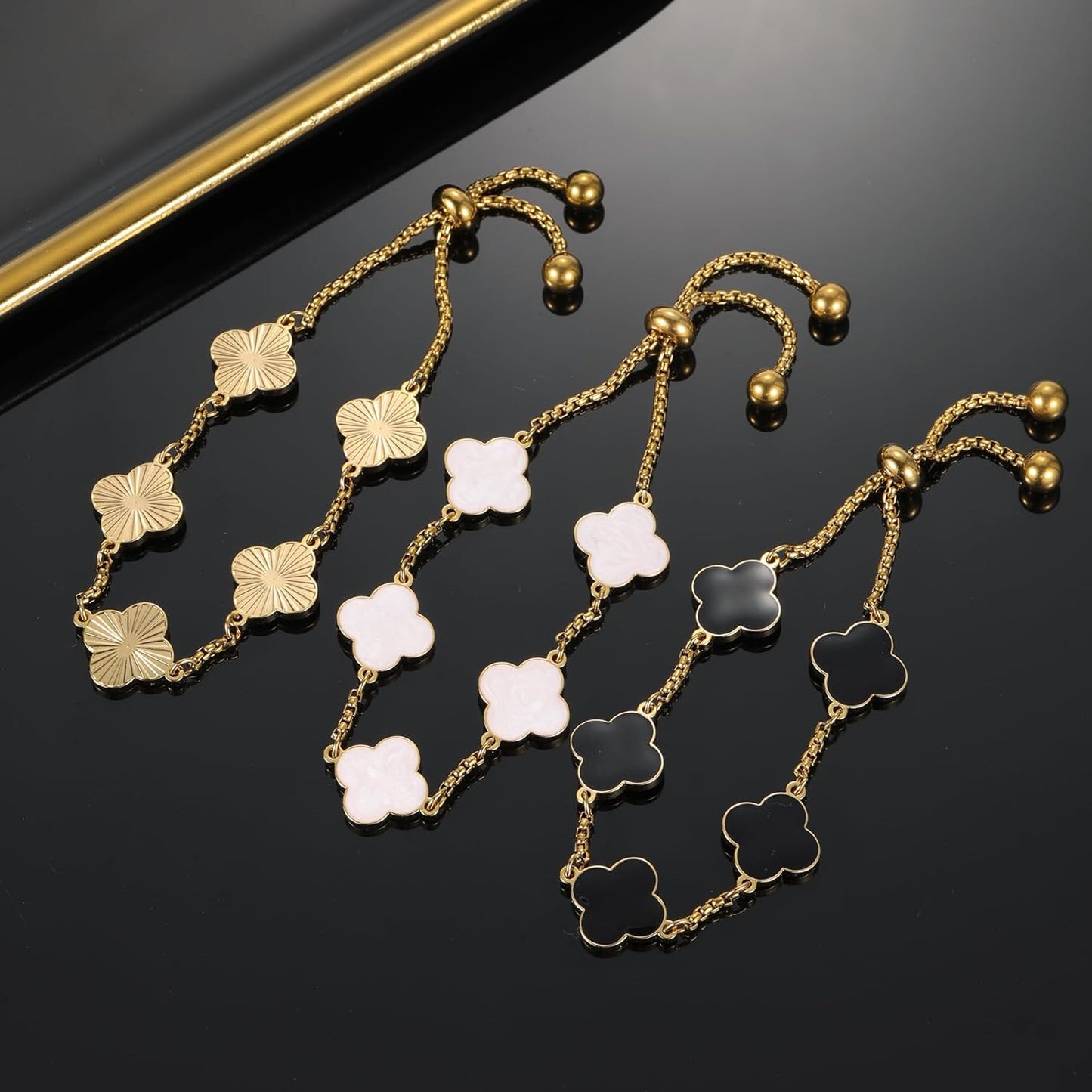 Clover Bracelet for Women 18K Gold Plated White/Black/Gold Flower Four Leaf Clover Bracelets Trendy Adjustable Jewelry Luky Gifts for Women