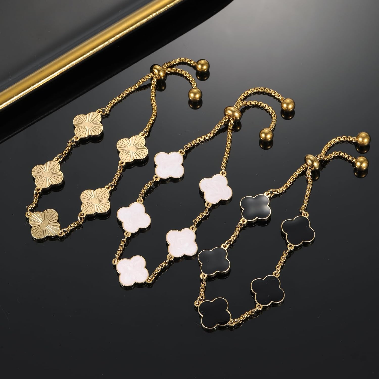 Clover Bracelet for Women 18K Gold Plated White/Black/Gold Flower Four Leaf Clover Bracelets Trendy Adjustable Jewelry Luky Gifts for Women