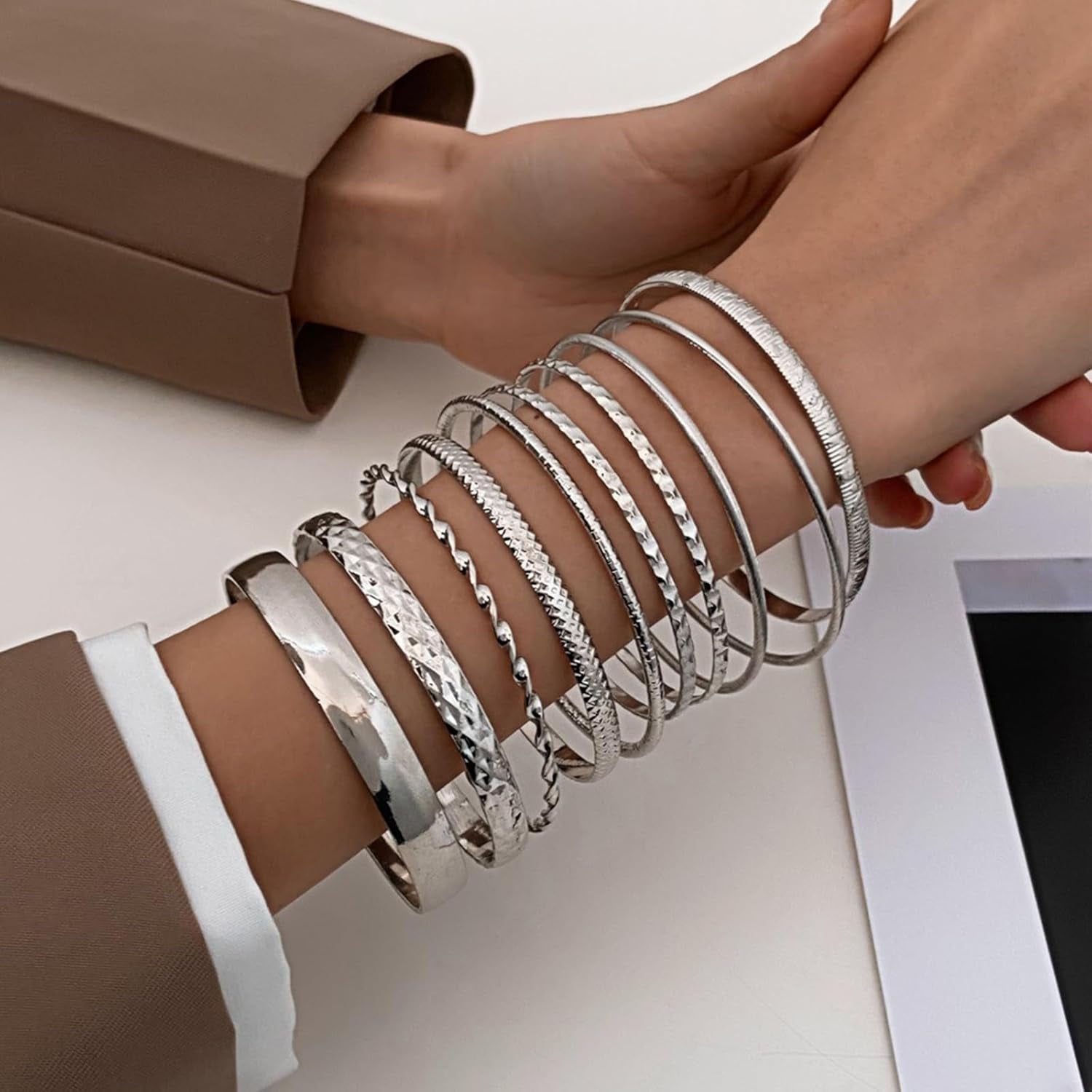 IFKM 5 PACK (35 PCS) Silver Chain Bangles Bracelets Set for Women, Silver Multiple Layered Stackable Open Cuff Bangle Anklet Bracelet Trendy Elegance Link Beads Italian Boho Cuban Jewelry for Women Gift