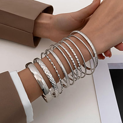 IFKM 5 PACK (35 PCS) Silver Chain Bangles Bracelets Set for Women, Silver Multiple Layered Stackable Open Cuff Bangle Anklet Bracelet Trendy Elegance Link Beads Italian Boho Cuban Jewelry for Women Gift