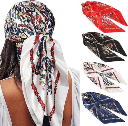 AWAYTR 35” Satin Large Square Head Scarves - 4PCS Silk like Neck Scarf Hair Sleeping Wraps Satin Silk Scarfs for Women