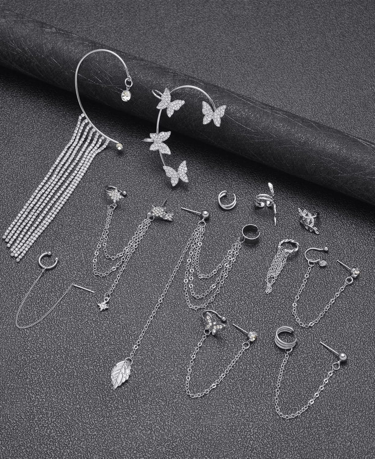 Tornito 17Pcs Ear Cuffs Chain Earrings Snake Butterfly Leaf Non Piercing Clip on Earring Fake Helix Cartilage Earrings Ear Clip Jewelry Silver Gold Tone