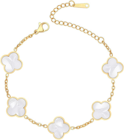 (Sturdy Version) 18K Gold Plated Bracelets for Women Men (Double Sided) Four Leaf Clover Cute Trendy Lucky Braclet (Adjustable) Fit Wrist within 8 Inch, Gold White Black Green Blue Red Pink