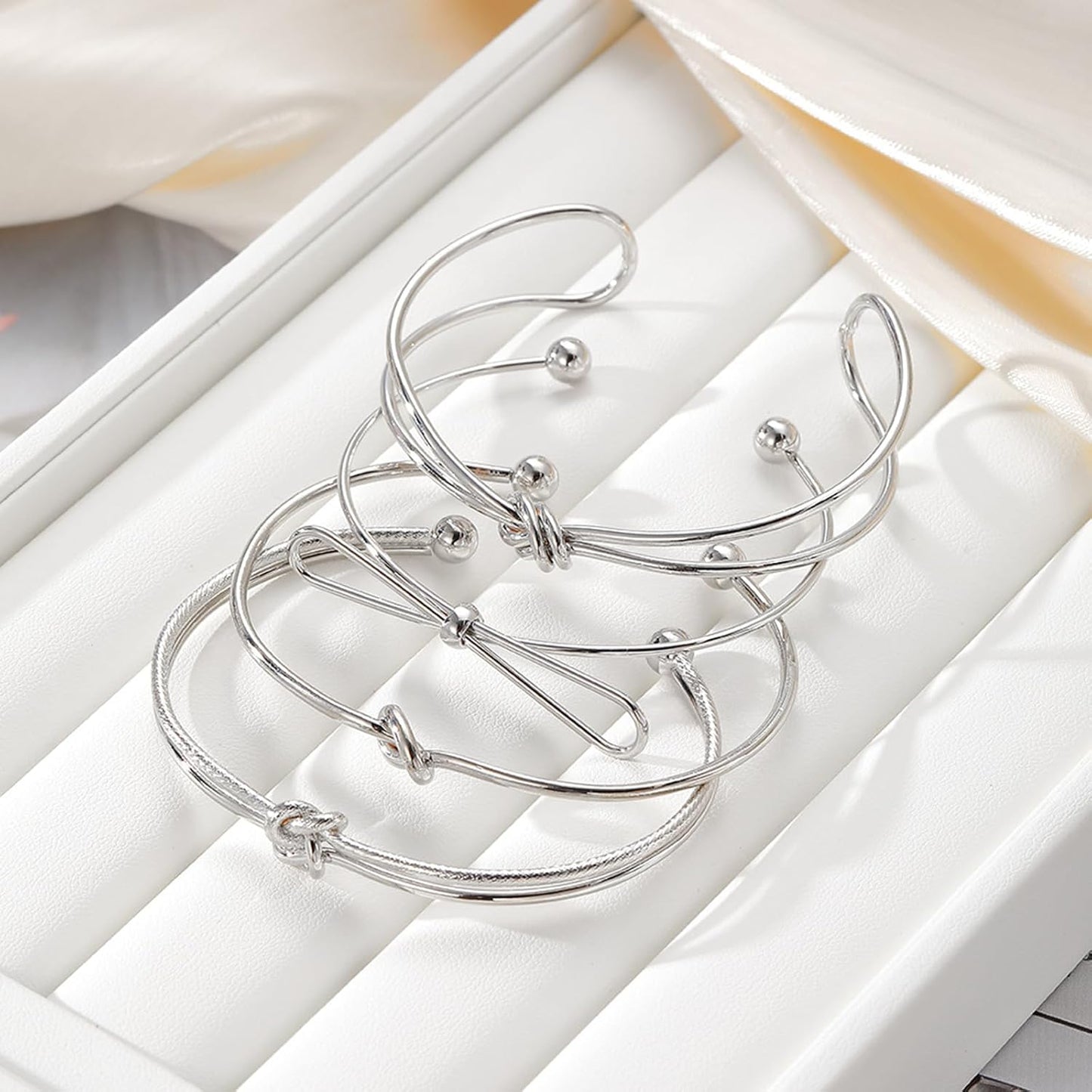 Silver Knot Bangle Bracelets for Women Dainty Knot Cuff Bangle Bracelet Set Adjustable Open Love Knot Bracelet Non Tarnish Waterproof Jewelry