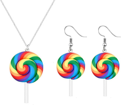 Christmas Lollipop Necklace Earrings Set for Women Creative Simulation Food Lollipop Dangle Earrings Cute Lightweight Colorful Rainbow Lollipop Necklace Charm Xmas Party Accessories Jewelry