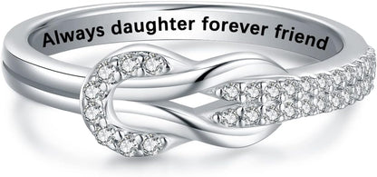 Mother daughter ring styled on woman's finger