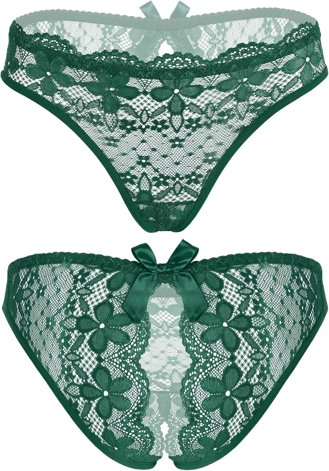 Model wearing sheer floral lace briefs with feminine bow