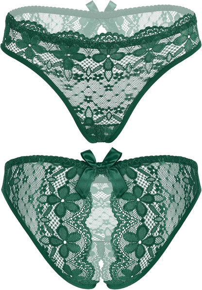 Model wearing sheer floral lace briefs with feminine bow
