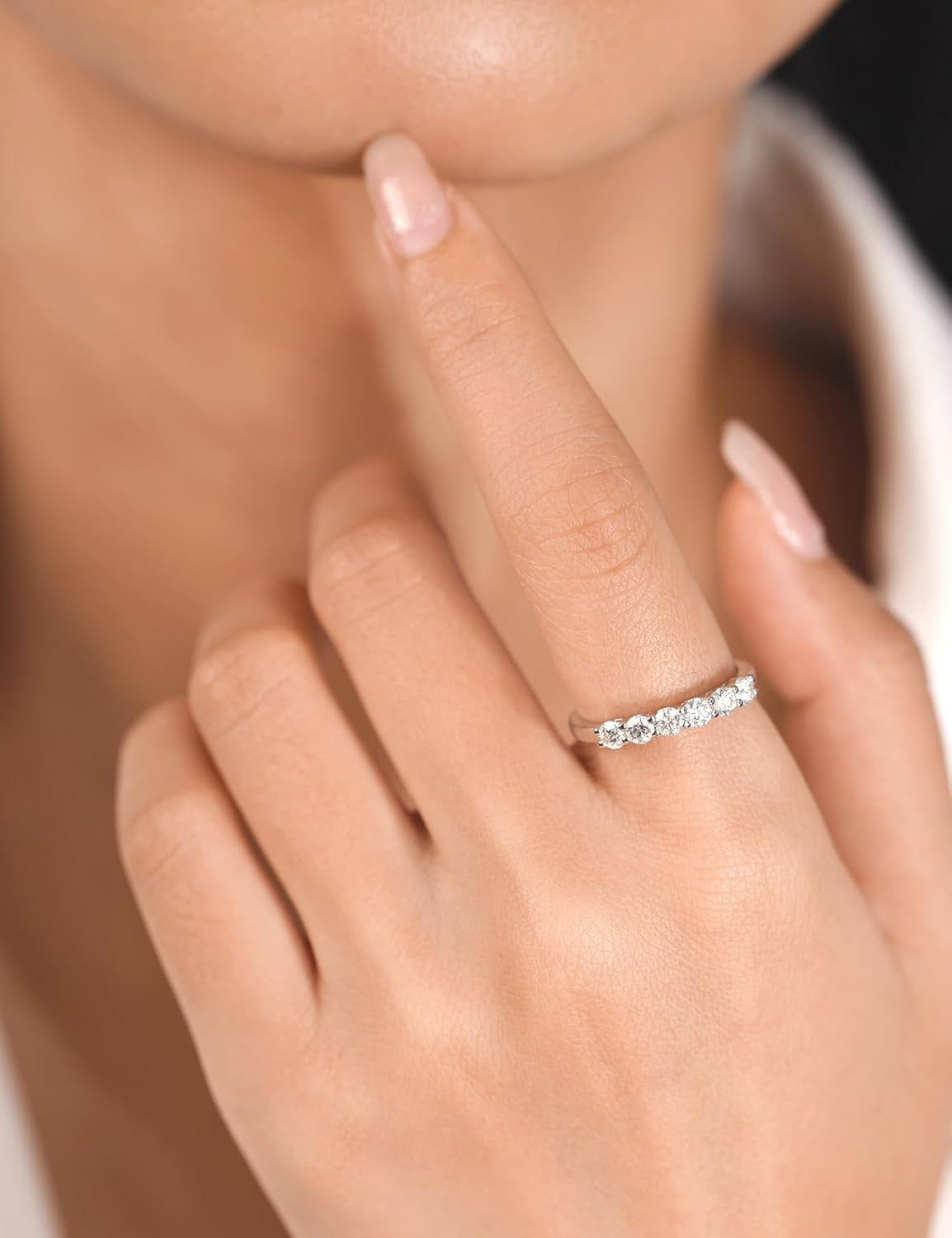 IMOLOE Lab Grown Diamond Wedding Bands for Women，0.66 Carat Ring 6 Stones Eternity Rings for Women in 18K White Gold Plated Sterling Silver Size 4-11