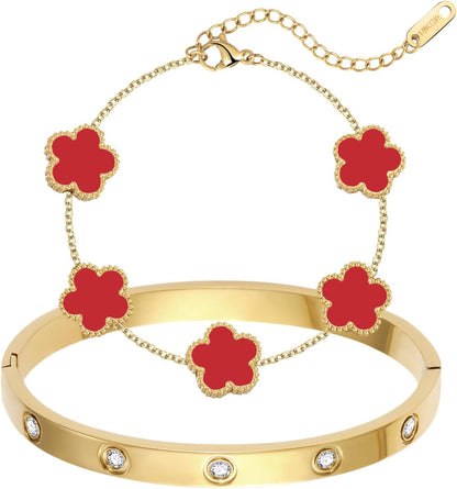 Adjustable love bangle with clover charm 18K gold plated design