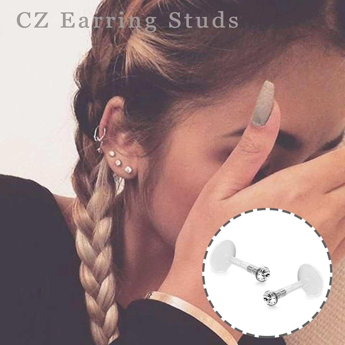 FIBO STEEL 16 Pcs 16G Clear Bioflex 2MM CZ Labret Monroe Lip Ring Helix Stud Earrings Body Jewelry Piercing