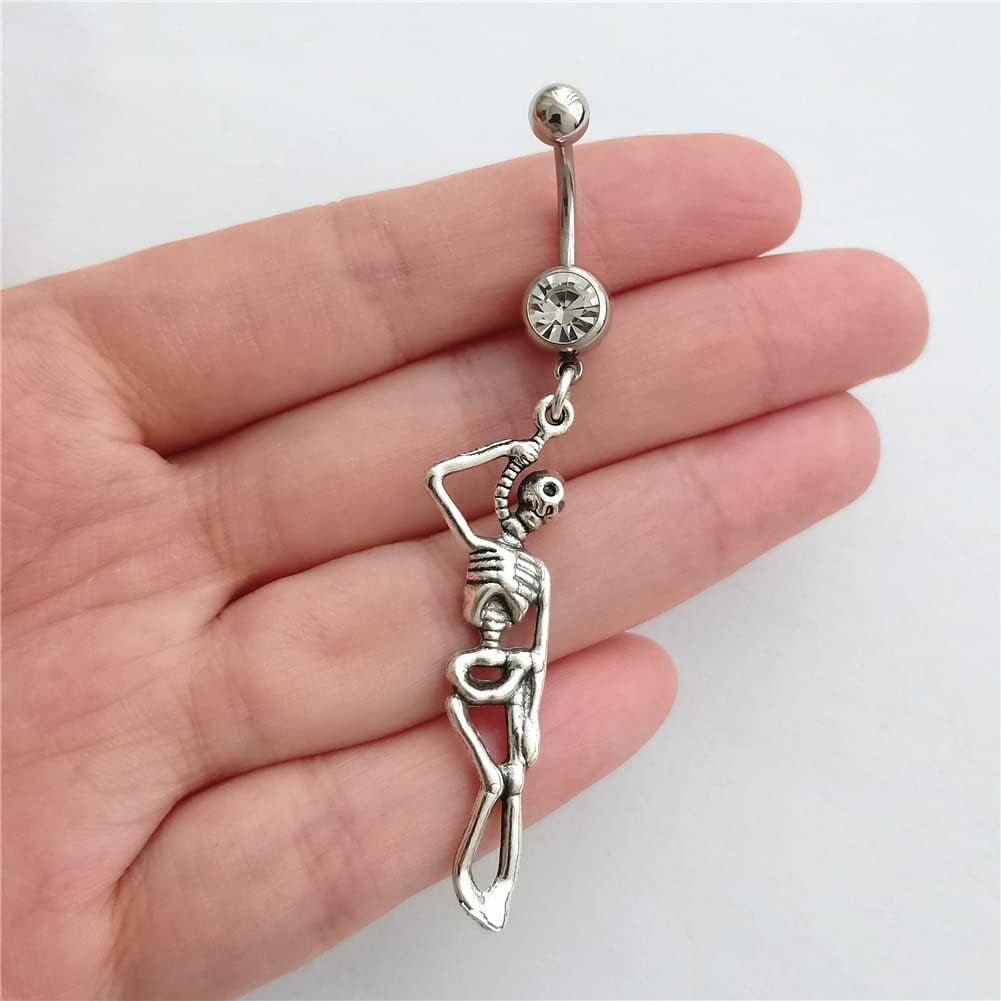 Punk Skeleton Belly Button Ring, Cool Stainless Steel 14G Navel Barbell Ring with Dangle Pendant, Unique Piercing Body Jewelry