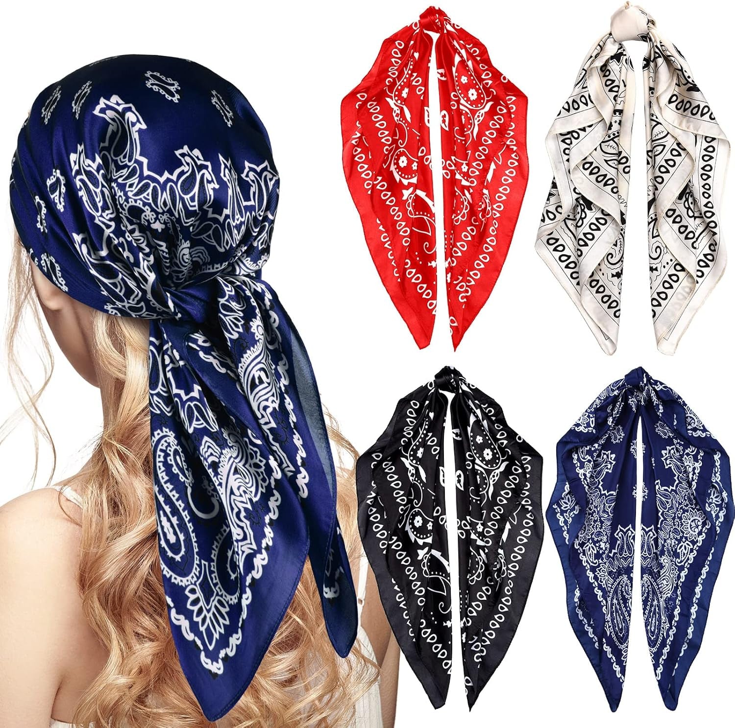 Syhood 4 Pcs 27'' Square Satin Head Scarves Satin Bandanas for Women Halloween Headband Silk Feeling Scarves Boho Headwear