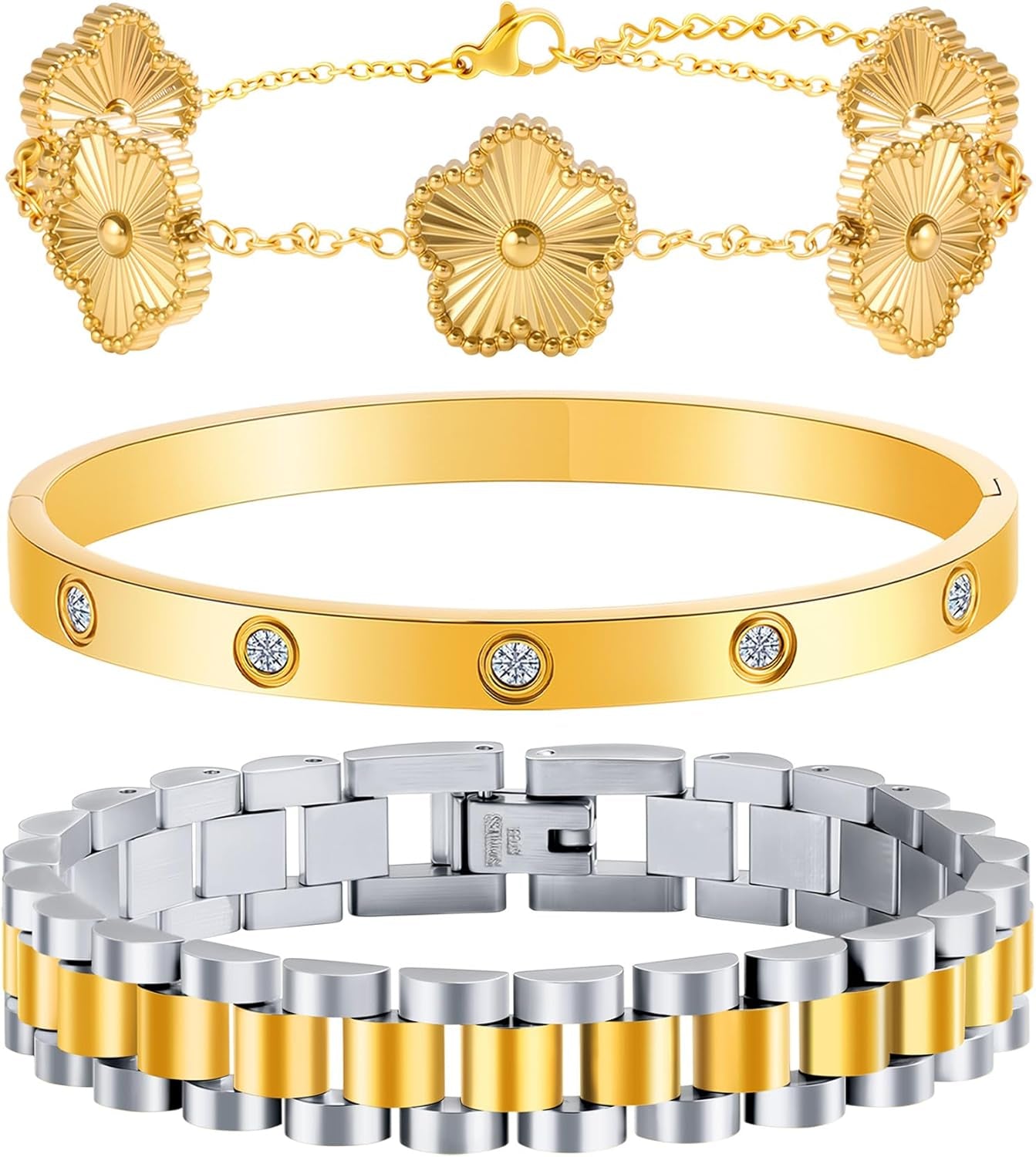 18K Gold Clover Bracelet for Women - Stackable Crystal Love Bangle & Friendship Link Bracelets, Non-Tarnish Stainless Steel Trendy Jewelry Gift with Adjustable Tool